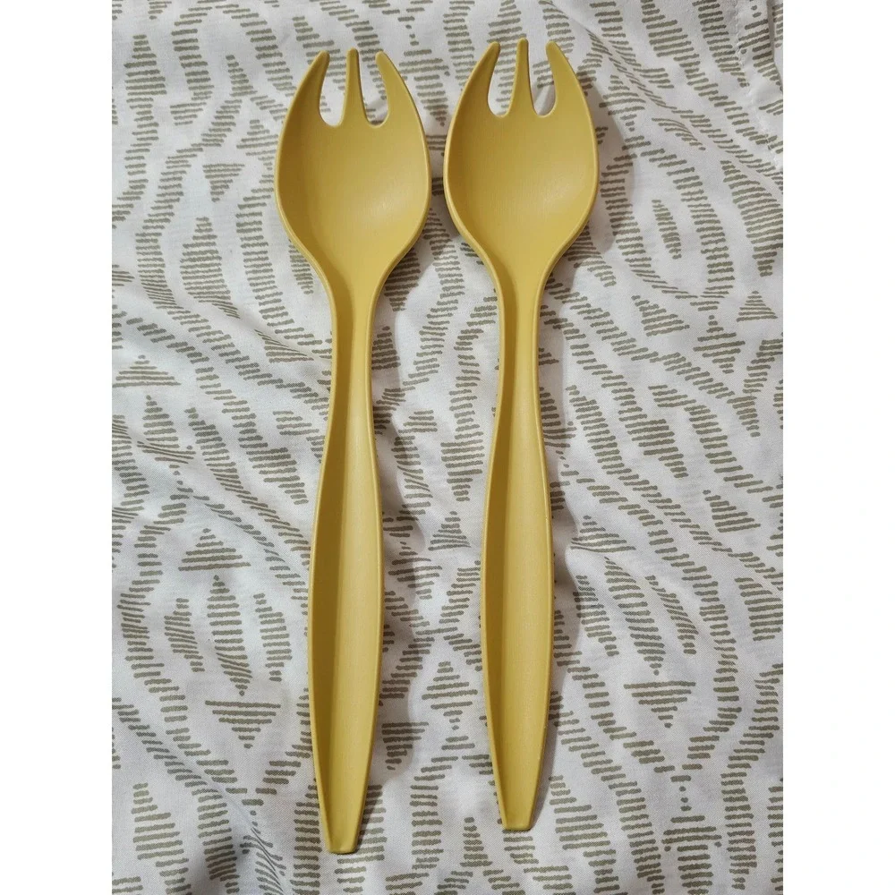 Vintage Tupperware Yellow Salad Server Set Sporks Plastic Serving Utensils 2pc